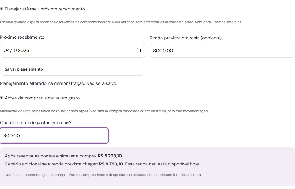 Planejamento e simulação de um gasto na Pandora, com valores inteiramente fictícios.