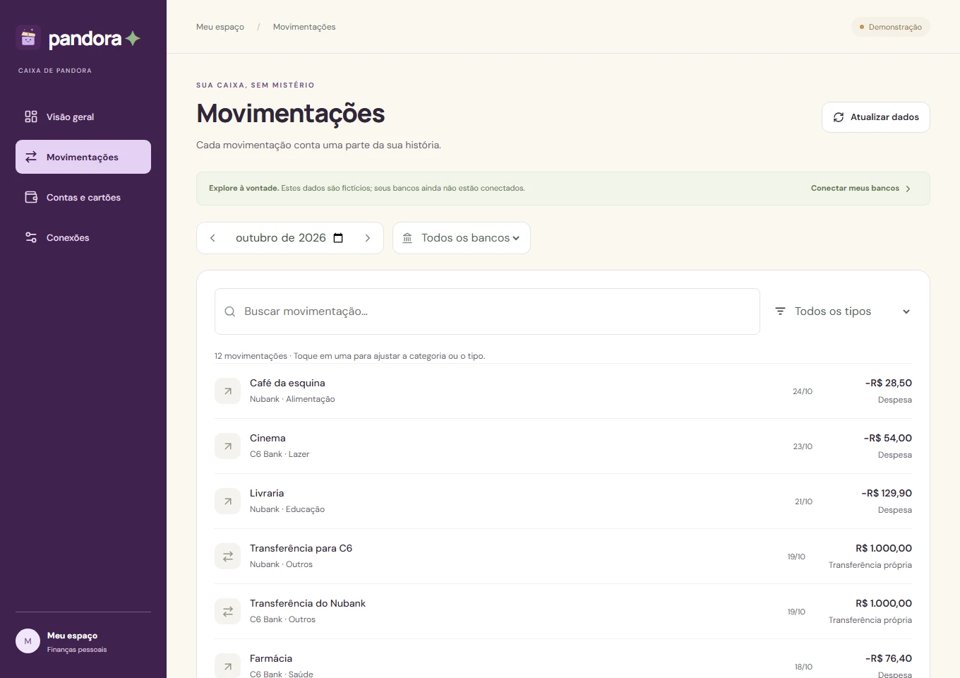 Lista de movimentações da Pandora, com busca, filtros e categorias, usando dados de demonstração.